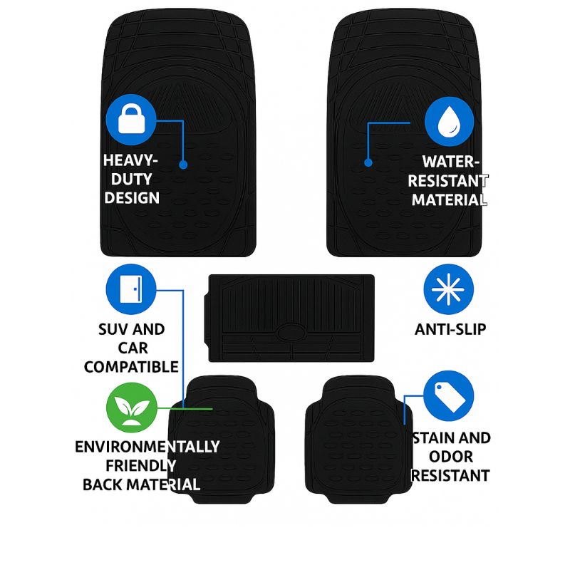 Autorepute All Vehicle Fit Black Gloss Rubber Car Mats – More Than 80% Floor Coverage