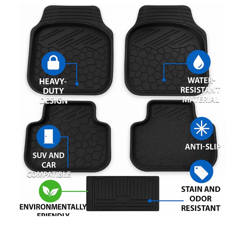 Autorepute All Vehicle Fit Designer Black Rubber Car Mats – More Than 80% Floor Coverage
