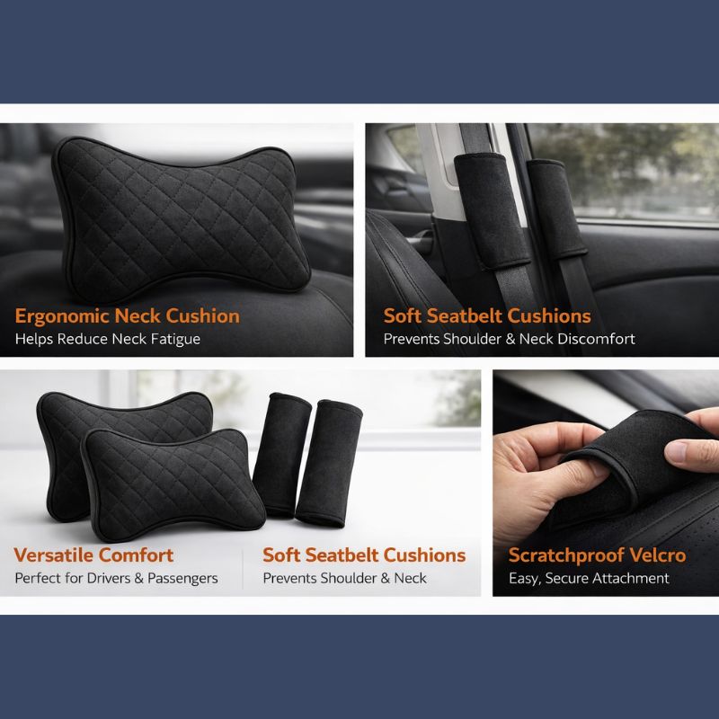 AutoRepute Complete Comfort Kit – 1 Neck Pillows + 2 Seatbelt Cushions