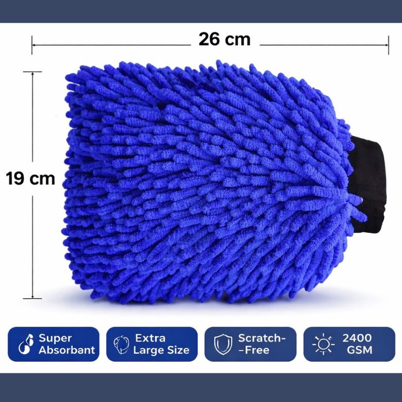 Autorepute Premium Microfiber Chenille Car Wash Mitt – 2400 GSM Super Absorbent Scratch-Free Cleaning Glove | Extra Large 26×19 cm Car Washing Mitt for Car, Bike & Auto Detailing