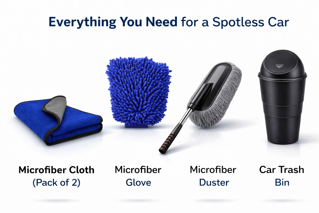 AutoRepute Ultimate Car Cleaning Kit – Microfiber Cloth, Glove, Duster & Car Trash Bin | Complete Interior & Exterior Cleaning Set